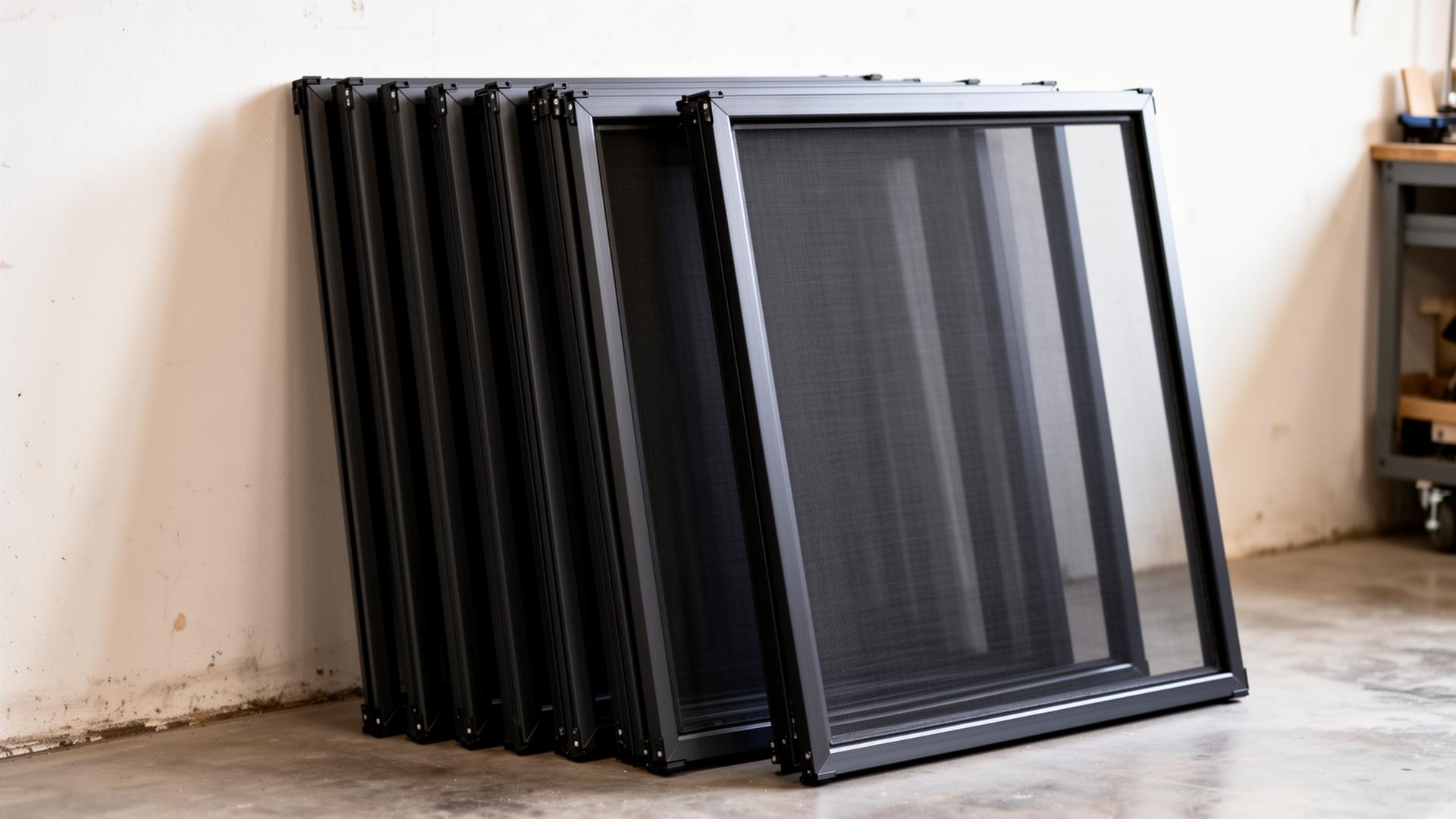 Stack of brand new custom-made charcoal aluminium flyscreen frames