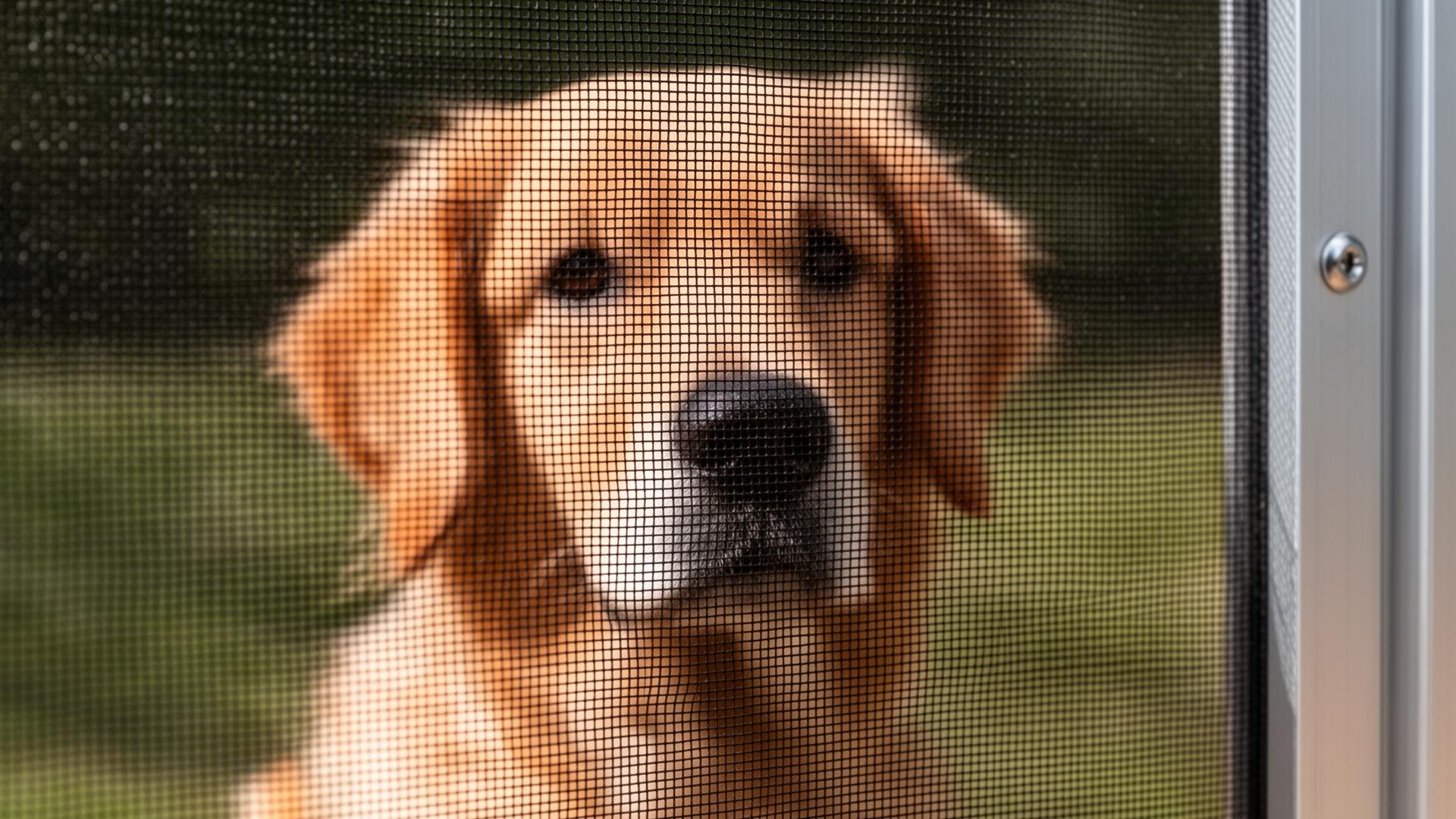 Golden retriever sitting calmly behind charcoal pet-resistant flyscreen mesh